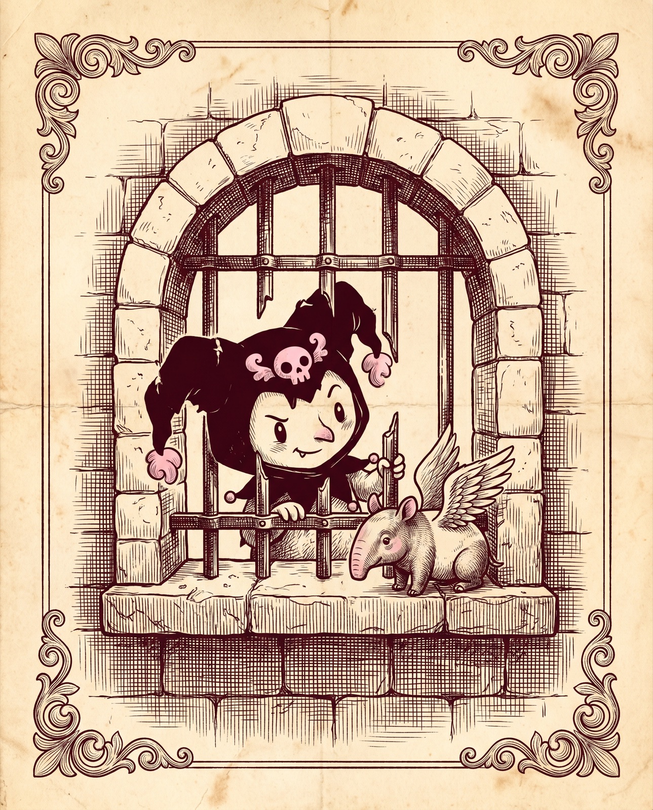 An engraving of a jester-hooded imp climbing out through broken dungeon bars, a small tapir beside it.