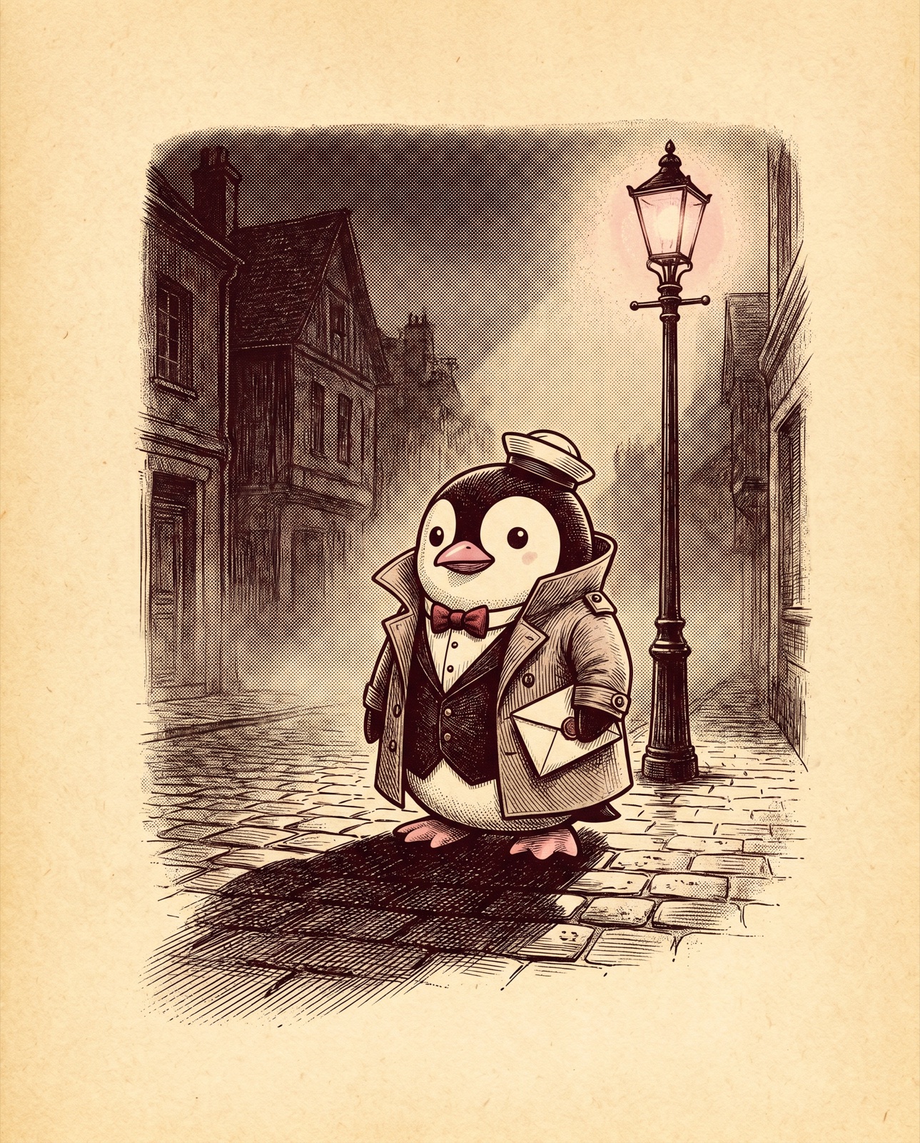 A noir engraving of a small penguin in a bow tie and trench coat under a streetlamp.