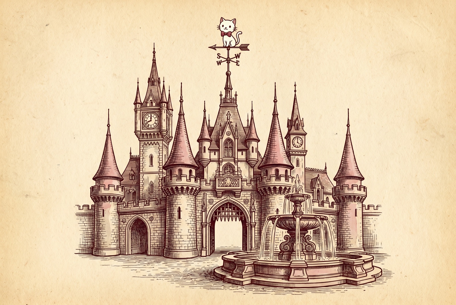 An engraving of an ornate fairy-tale castle gate with a cartoon-cat weathervane on the tallest spire.