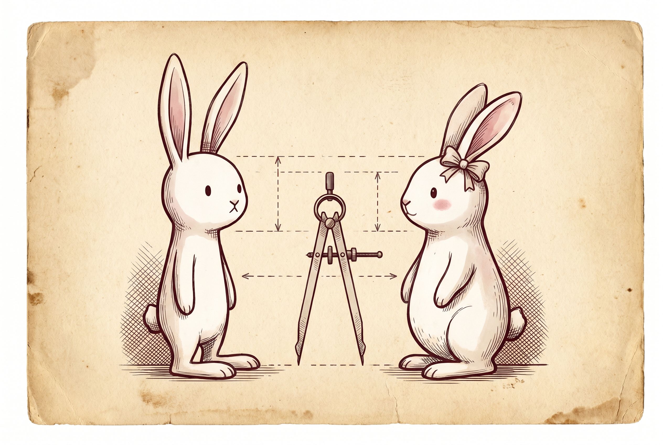 An evidence plate comparing two rabbit characters — a plain minimalist Miffy-style rabbit and a rounder Sanrio-style rabbit with a bow — with calipers and dotted measurement lines between them.