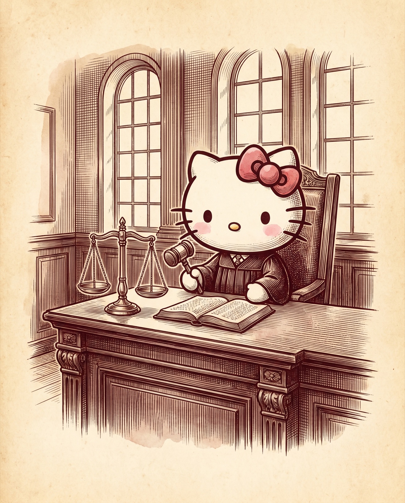 An antique engraving of Hello Kitty in judge's robes presiding over a courtroom from the bench, with a gavel, scales of justice, and an open ledger.
