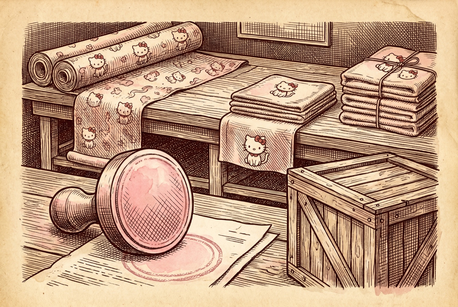 An engraving of a workbench with bolts of fabric stamped with a cartoon cat, a rubber approval stamp, and crates ready for shipping.