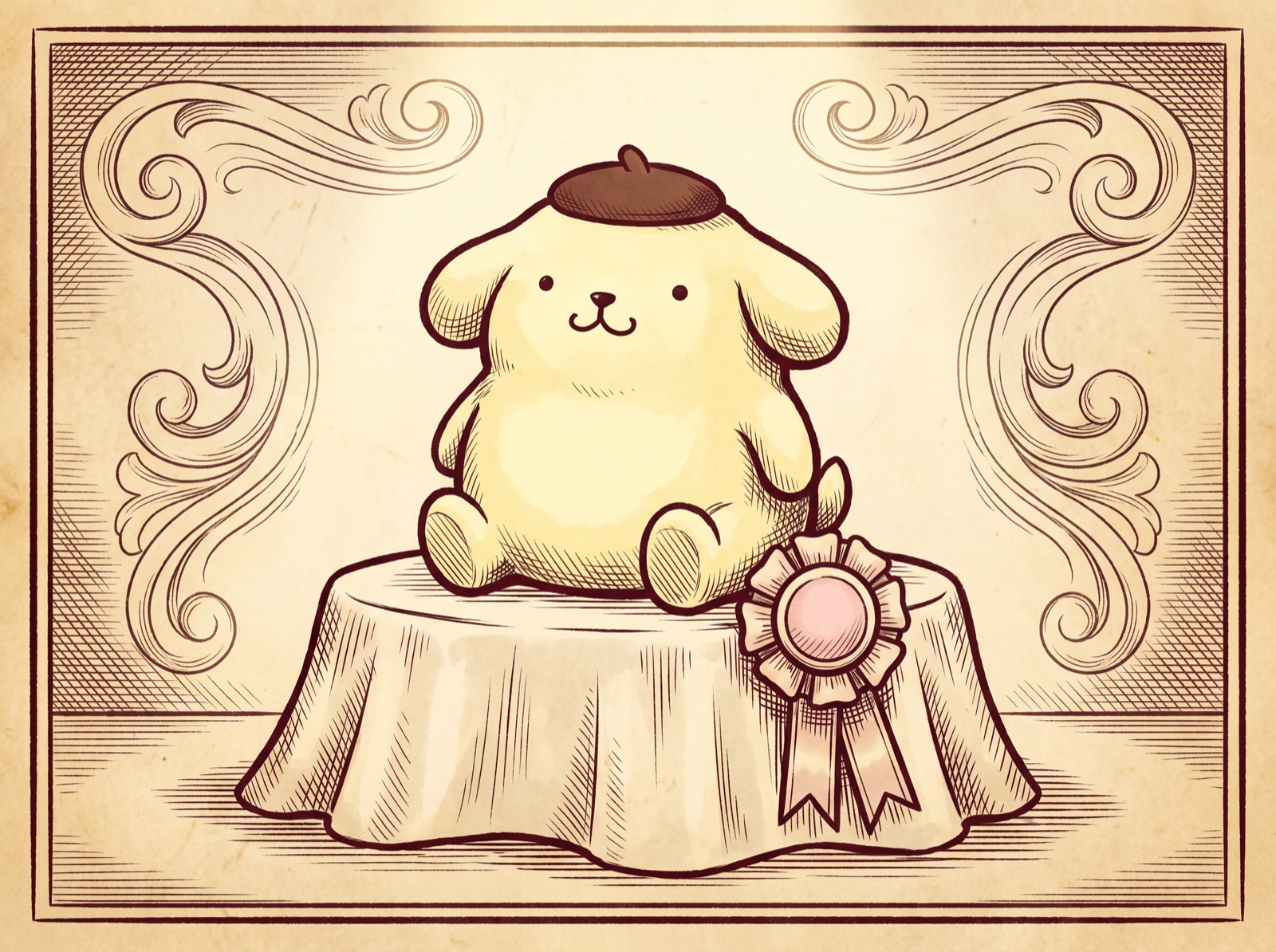 An engraving of the reigning character on a winner's pedestal with a rosette.